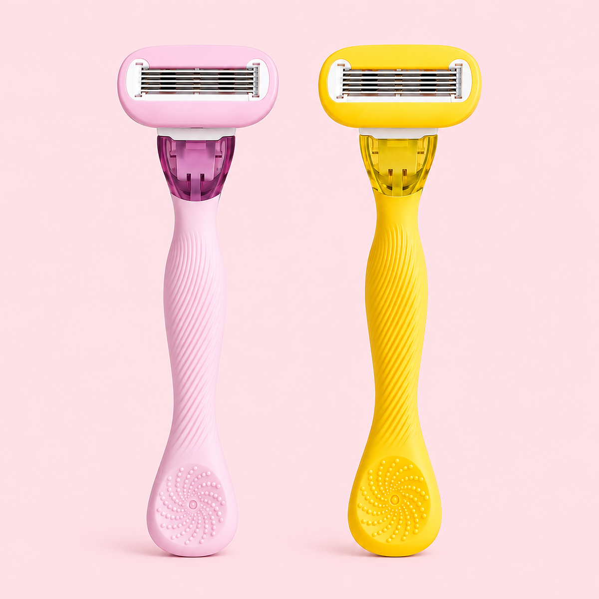 STUBB Aura women’s reusable razors in purple and yellow