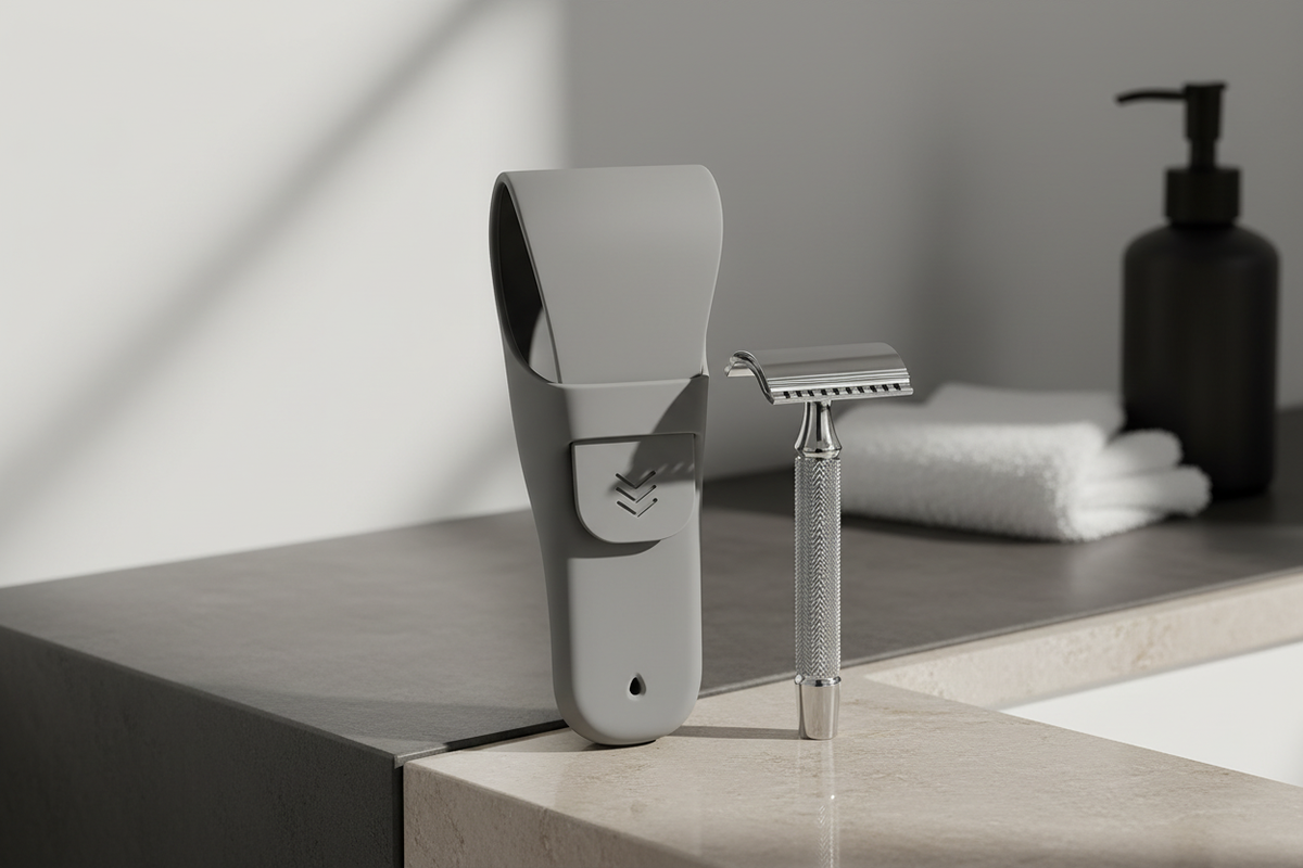 STUBB grey silicone razor holder beside a safety razor on a premium bathroom counter